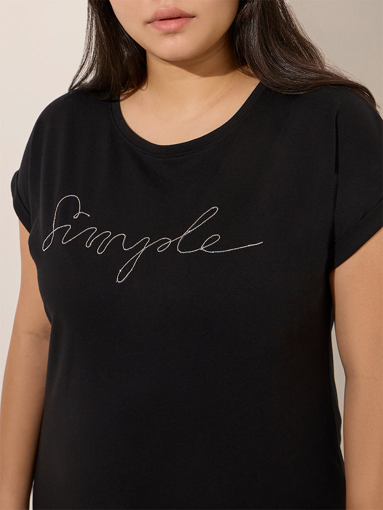 Gia Black Text Printed Cotton T-Shirt - Image 2