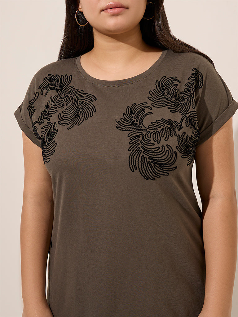 Gia Olive Embroidered Cotton T-Shirt - Image 2