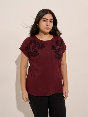 Gia Maroon Embroidered Cotton-Blend T-Shirt