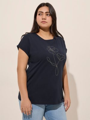 Gia Navy Floral Embroidered Cotton T-Shirt