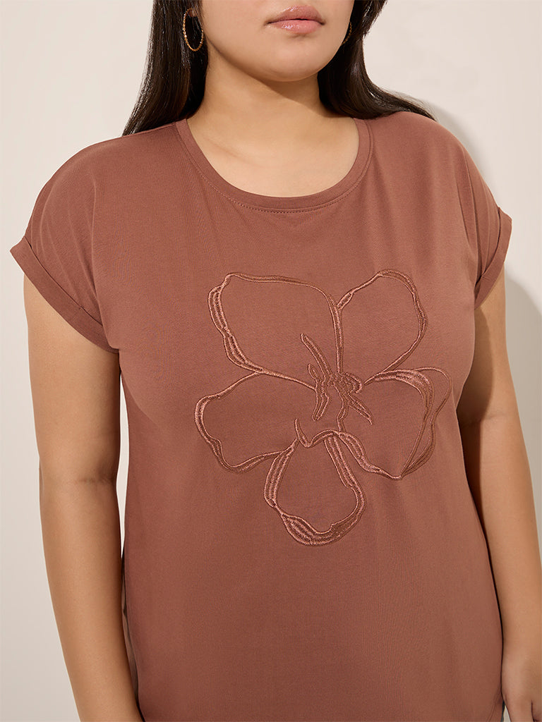 Gia Brown Floral Embroidered Cotton T-Shirt - Image 2