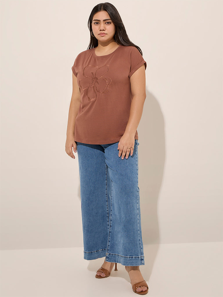 Gia Brown Floral Embroidered Cotton T-Shirt - Image 3
