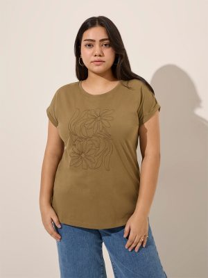 Gia Olive Floral Embroidered Cotton T-Shirt