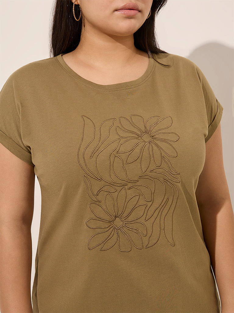 Gia Olive Floral Embroidered Cotton T-Shirt - Image 2