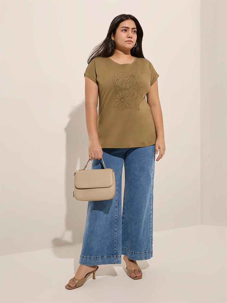 Gia Olive Floral Embroidered Cotton T-Shirt - Image 3