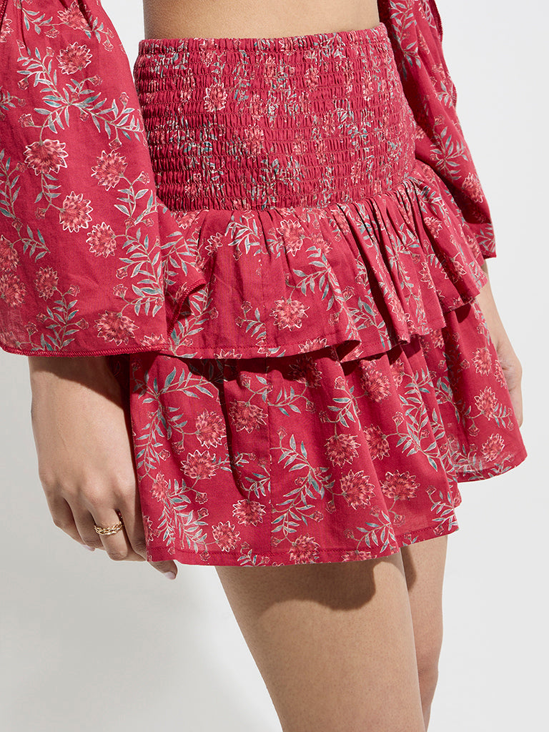 Bombay Paisley Red Floral High-Rise Cotton Tiered Skirt - Image 2