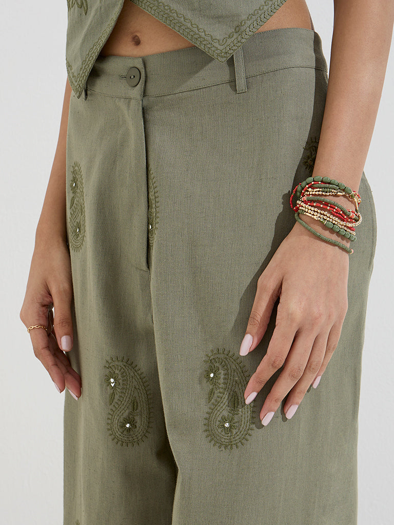 Bombay Paisley Olive Paisley High-Rise Cotton-Blend Pants - Image 2