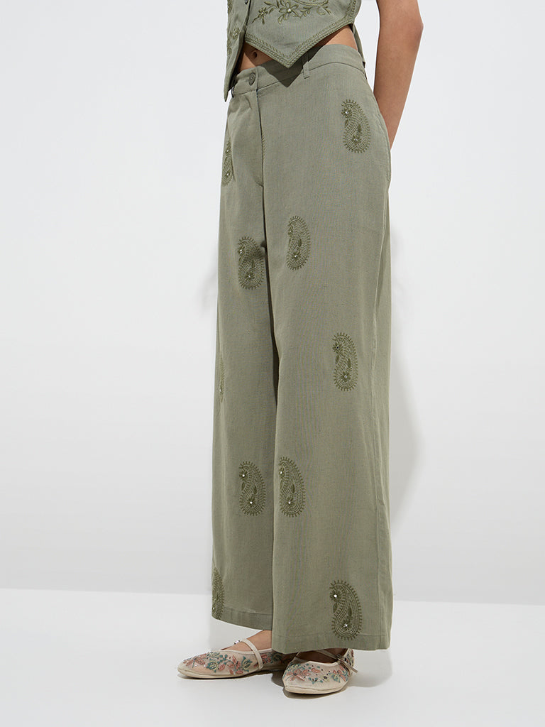 Bombay Paisley Olive Paisley High-Rise Cotton-Blend Pants - Image 3