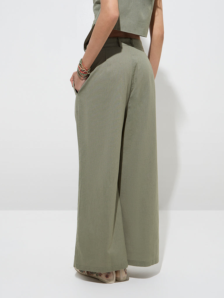 Bombay Paisley Olive Paisley High-Rise Cotton-Blend Pants - Image 4