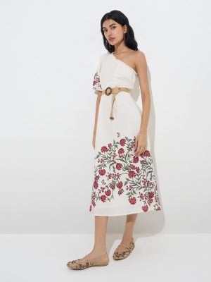 Bombay Paisley White Floral One-Shoulder Cotton Dress