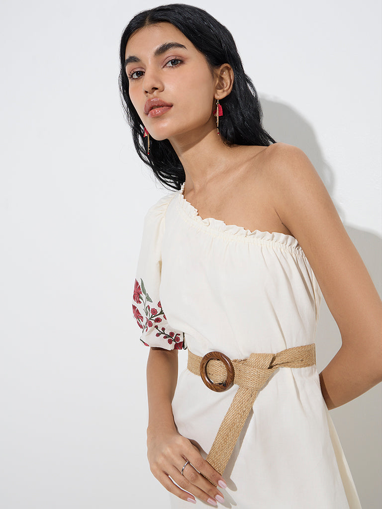 Bombay Paisley White Floral One-Shoulder Cotton Dress - Image 2