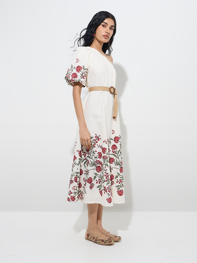 Bombay Paisley White Floral One-Shoulder Cotton Dress - Image 3