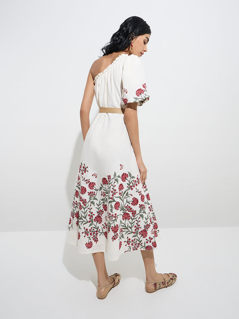 Bombay Paisley White Floral One-Shoulder Cotton Dress - Image 4
