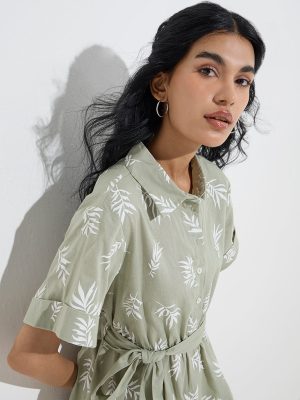 Bombay Paisley Sage Cotton-Blend Shirt Dress with Belt