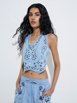 Bombay Paisley Blue Waistcoat-Style Cotton-Blend Top