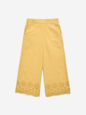 Utsa Kids Yellow Floral Embroidered Cotton Palazzos - (2-8yrs)