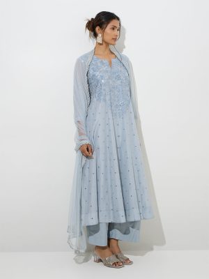 Vark Dusty Blue Cotton-Blend Fit-and-Flare Kurta. Pants and Dupatta Set