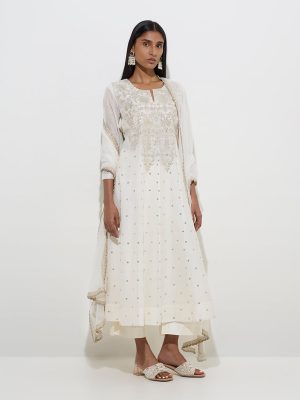 Vark Off-White Cotton-Blend Kurta. Palazzos and Dupatta Set
