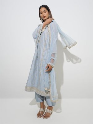 Vark Light Blue Cotton-Blend Kurta. Palazzos & Dupatta Set