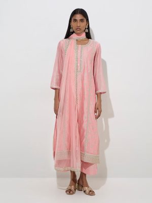 Vark Light Pink Cotton-Blend Kurta. Palazzos and Dupatta Set