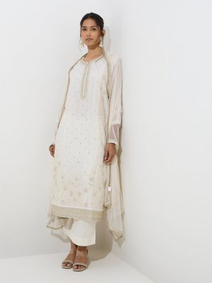 Vark Ivory Embroidered Straight Cotton-Blend Kurta. Pants and Dupatta Set