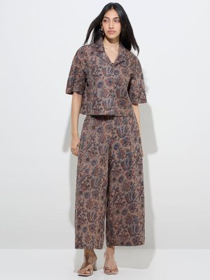 Utsa Taupe Botanical Design Cotton Ethnic Shirt