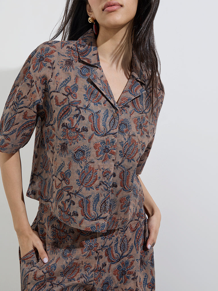 Utsa Taupe Botanical Design Cotton Ethnic Shirt - Image 2