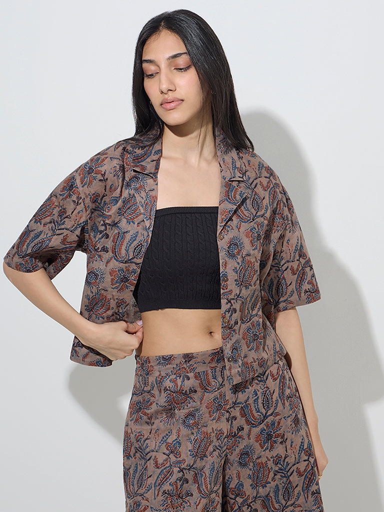 Utsa Taupe Botanical Design Cotton Ethnic Shirt - Image 3