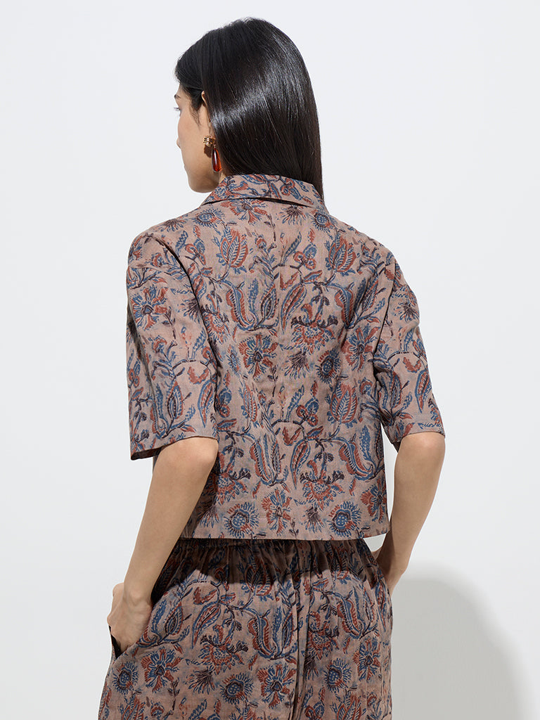 Utsa Taupe Botanical Design Cotton Ethnic Shirt - Image 4