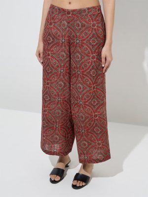Utsa Red Floral Design Cotton Palazzos