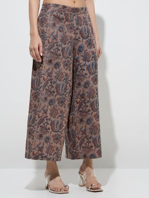 Utsa Taupe Botanical Design Cotton Palazzos