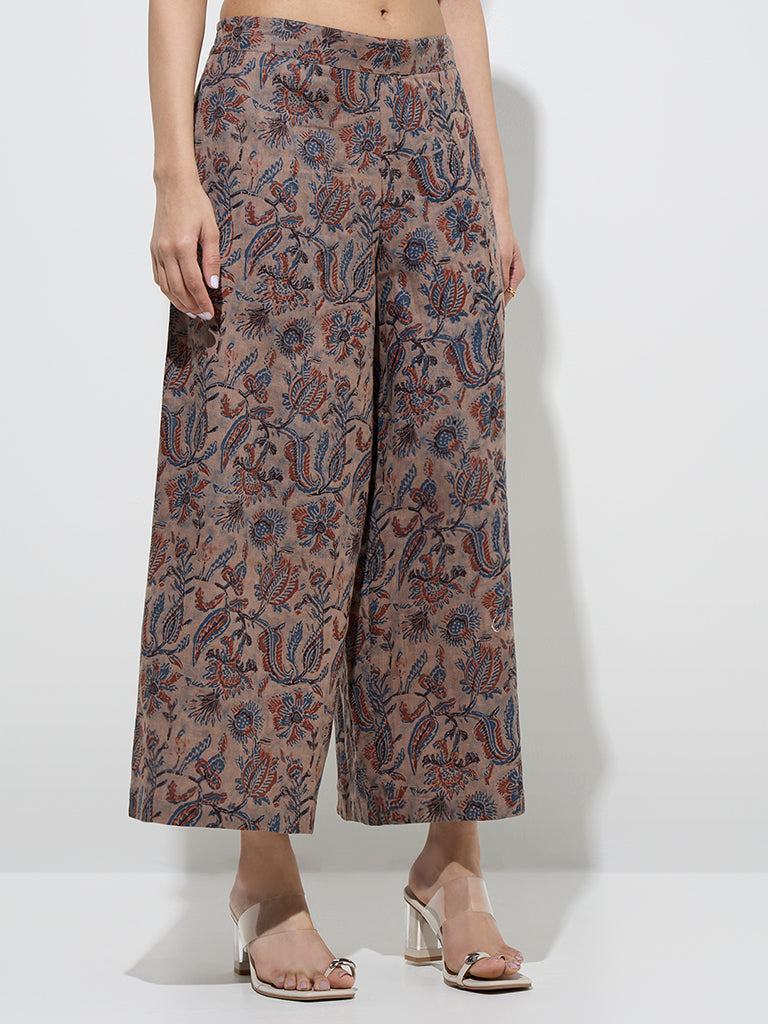 Utsa Taupe Botanical Design Cotton Palazzos