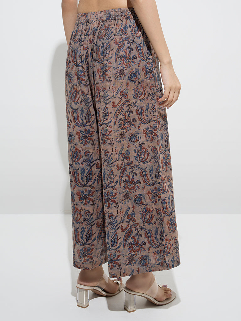 Utsa Taupe Botanical Design Cotton Palazzos - Image 2