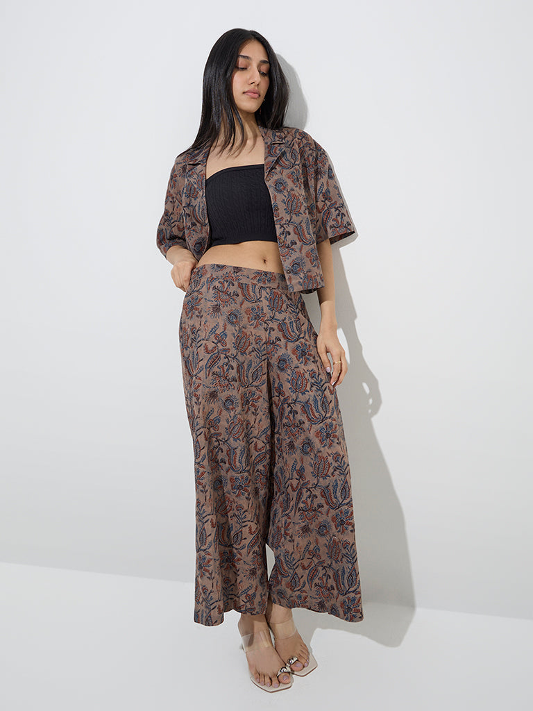 Utsa Taupe Botanical Design Cotton Palazzos - Image 3