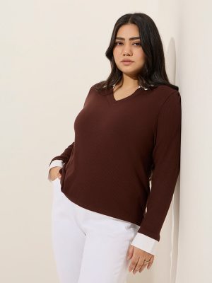 Gia Brown Ribbed-Textured T-Shirt