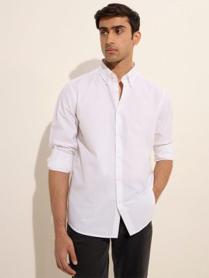 Ascot White Self-Striped Relaxed-Fit Cotton Shirt