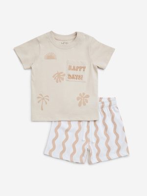HOP Baby Taupe Printed Cotton T-Shirt with Shorts Set