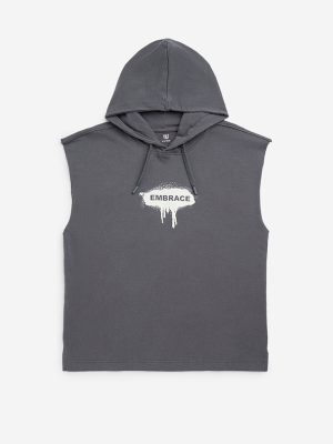 Y&F Kids Grey Text Design Cotton Hoodie