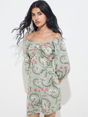 Bombay Paisley Sage Floral Cotton-Blend A-Line Dress