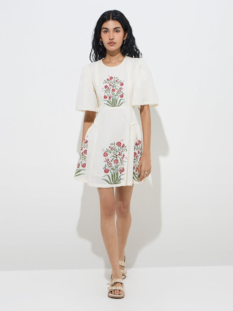 Bombay Paisley White Floral Printed Cotton A-Line Dress - Image 2