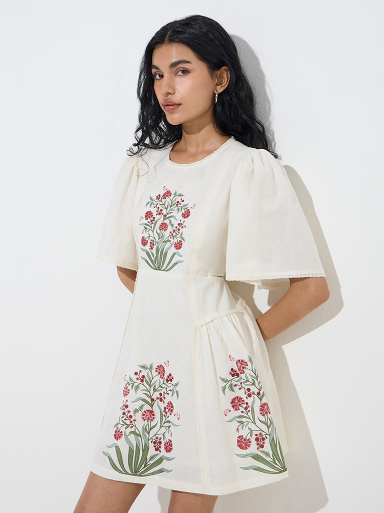 Bombay Paisley White Floral Printed Cotton A-Line Dress - Image 3
