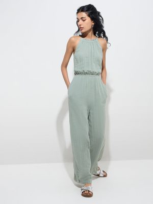 Bombay Paisley Sage Ruffle-Detailed Cotton Jumpsuit