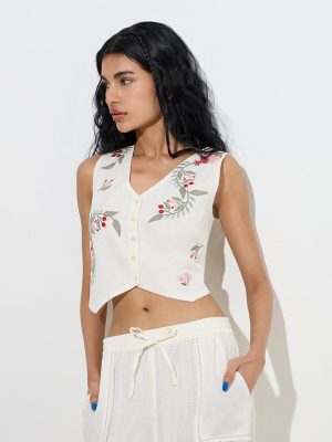 Bombay Paisley Off-White Waistcoat-Style Cotton-Blend Top