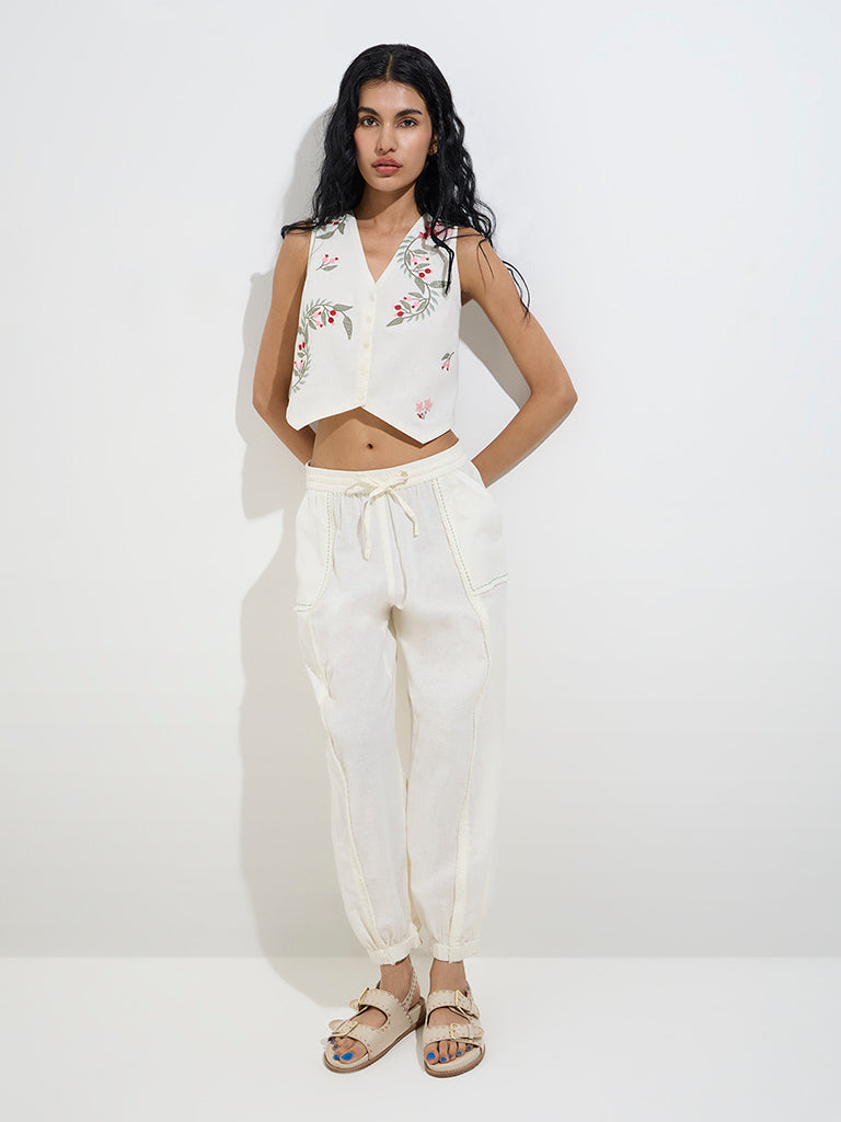 Bombay Paisley Off-White Waistcoat-Style Cotton-Blend Top - Image 3