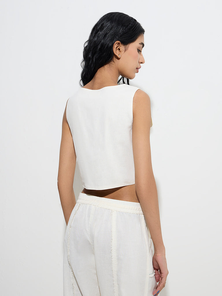 Bombay Paisley Off-White Waistcoat-Style Cotton-Blend Top - Image 4