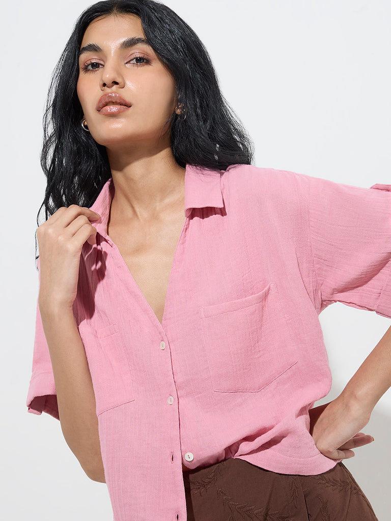 Bombay Paisley Pink Crinkle-Textured Cotton Shirt - Image 2