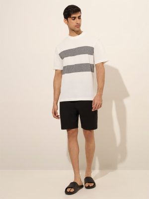 WES Lounge Black Waffle-Texture Relaxed-Fit Mid-Rise Cotton-Blend Shorts