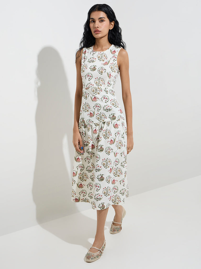 Bombay Paisley Off-White Printed Cotton-Blend A-Line Dress - Image 3