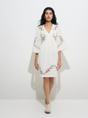 Bombay Paisley Off-White Floral Cotton-Blend A-Line Dress
