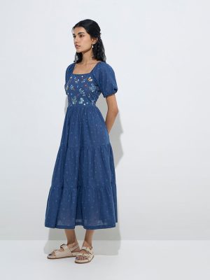Bombay Paisley Navy Floral Embroidered Cotton Tiered Dress
